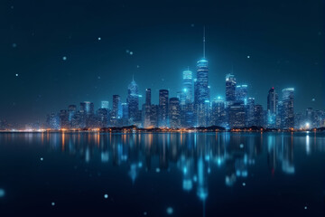 Obraz premium A futuristic cityscape with a glowing upward arrow rising from the skyline