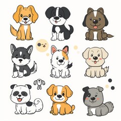 Fototapeta premium Cute dogs set, pet animal symbols, hand drawn puppy icons silhouettes, funny dog character drawings