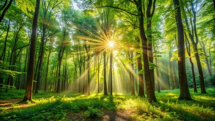 Obraz premium Captivating Nature Scene with Sunlight Rays Filtering Through a Lush Forest Canopy, Perfect for Relaxation and Adventure in the Great Outdoors