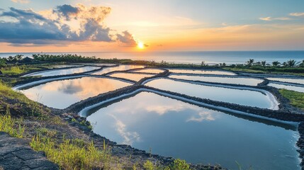 Fototapeta premium Serene Sunset over Reflective Salt Pans by the Ocean
