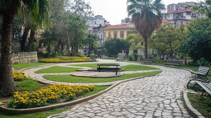 Naklejka premium Serene Park Pathway with Lush Greenery and Flowers
