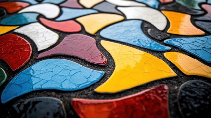 Obraz premium An evocative depiction of a mosaic of multi-colored abstract tiles forming a radiant, interconnected design on a smooth surface