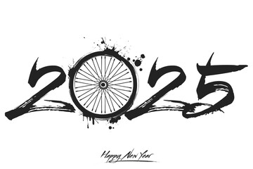 Numbers 2025 and a abstract bike wheel made of blots in grunge style. Design text logo Happy New Year 2025. Template for greeting card, banner, poster. Vector illustration on isolated background
