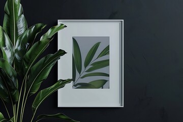 Mock up poster frame on black wall with green plant