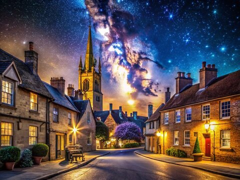 Captivating Night Photography of Oakham Town, Showcasing Historic Architecture, Starry Skies, and Vibrant Street Lights for a Unique Urban Experience