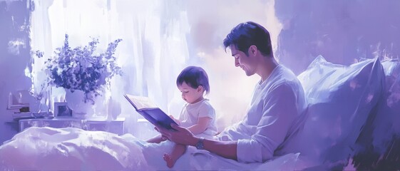 A pastel-colored composition of parents reading a bedtime story to their child, soft lavender and cream tones, calm evening atmosphere.