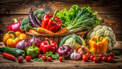 A vibrant display of fresh vegetables, including bell peppers, broccoli, cauliflower, and tomatoes, arranged artfully on a rustic wooden table.