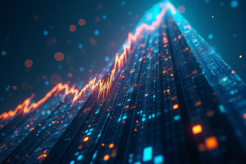 Obraz premium A futuristic cityscape with a glowing upward arrow rising from the skyline