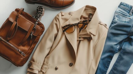 Women fashion clothes and accessories flat lay, beige trench coat with bag, glasses, denim and western boots