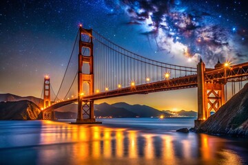 Naklejka premium Captivating Nighttime View of the Golden Gate Bridge Illuminated Against a Starry Sky with Macro Photography Details Highlighting the Bridge's Structure and Surrounding Landscape