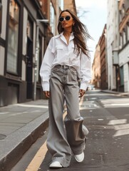 Fototapeta premium The model walking down the street in wide, baggy jeans and a white, oversized shirt, wearing sunglasses, in a minimalist style.