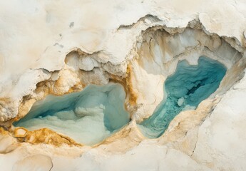 Naklejka premium Stunning Aerial View of Vibrant Blue Mineral Pools Surrounded by Textured White Geothermal Landscape in a Natural Hot Spring Area