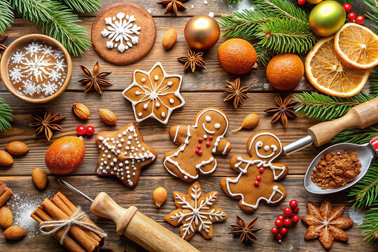  Festive gingerbread cookies, spices, and ornaments arranged on rustic wood for Christmas baking.