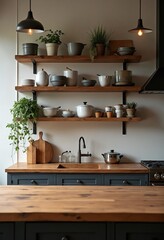 Rustic Wooden Kitchen Counter with Modern Shelves and Kitchenware