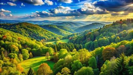 Fototapeta premium Captivating Panorama of Lush Wooded Hills Under a Clear Sky Highlighting Nature's Serenity and Vibrant Greenery Ideal for Landscape Photography Enthusiasts and Nature Lovers