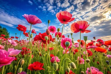 Fototapeta premium Captivating Panoramic Photography of Vibrant Pink and Red Poppy Flowers Creating a Stunning Wallpaper for Nature Lovers and Floral Decor Enthusiasts