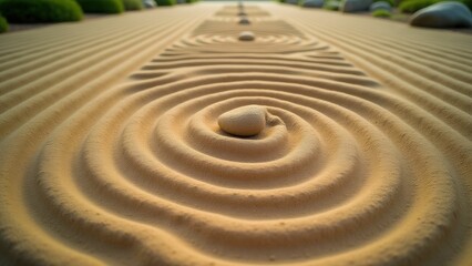 Naklejka premium Wabi-sabi Japanese Zen sand garden with raked patterns and stones