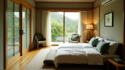 Wabi-sabi Japanese bedroom with a scenic view of lush greenery
