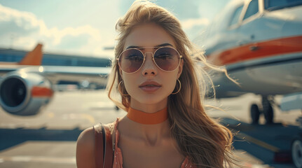 Stylish women boarding an aero plane in airport, airport and airplanes in the backdrop.