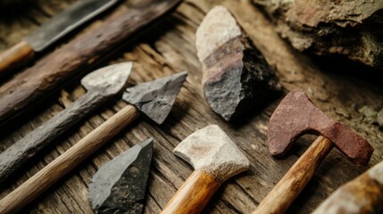 Close-up of ancient stone tools, sharp flint knives, and polished axes on a weathered wooden surface, symbolizing prehistoric craftsmanship and the dawn of human ingenuity
