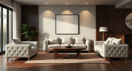 interior with sofa and wooden coffee table - 3d rendered illustration