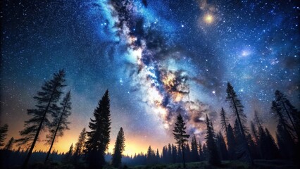 Naklejka premium A Serene Forest Silhouetted Against a Starry Night Sky, with the Milky Way Galaxy Stretching Across the Horizon