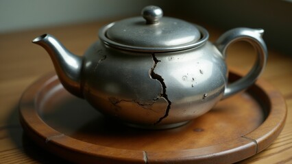 Wabi-sabi Cracked metallic teapot showcasing rustic imperfections