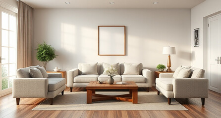 interior with sofa and wooden coffee table - 3d rendered illustration