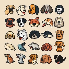 Fototapeta premium Dogs Doodle Set, Pet Animal Symbols, Hand Drawn Puppy Icons Silhouettes, Sketched Dog Character