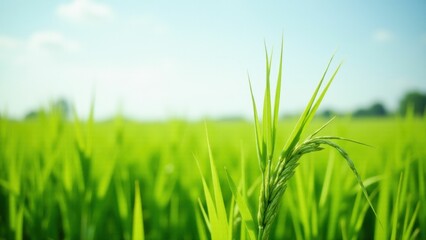 Obraz premium Wabi-sabi Close-up of vibrant green rice plants under bright sunlight, symbolizing growth and abundance.