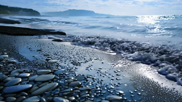 Timelapse video of the tide receding over smooth stones with a slow pan and backlight, creating a shimmering effect as the light shifts