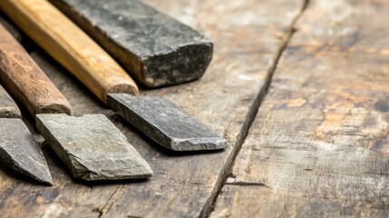 Close-up of ancient stone tools, sharp flint knives, and polished axes on a weathered wooden surface, symbolizing prehistoric craftsmanship and the dawn of human ingenuity