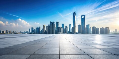A Clear View of a Modern City Skyline with a Smooth Concrete Platform in the Foreground