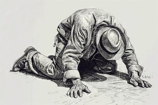 Beggar drawing, homeless sketch, old is begging with hat on ground back view, hand drawn imitation