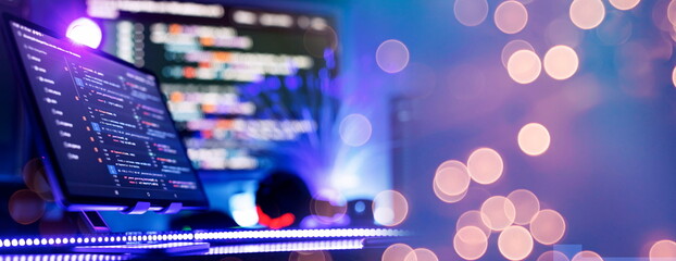 IT business.Monitor closeup of function source code. Project managers work new idea.