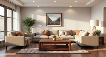 Fototapeta premium interior with sofa and wooden coffee table - 3d rendered illustration