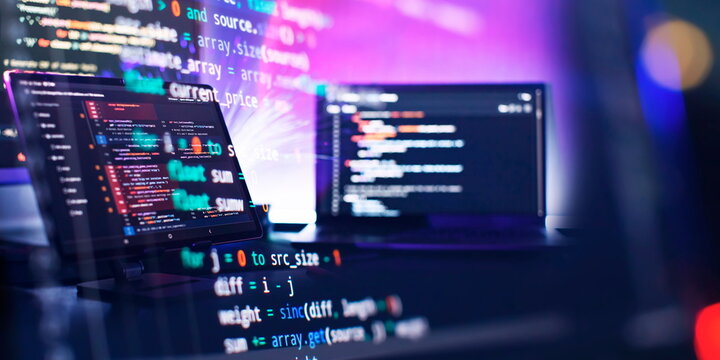 Notebook closeup photo. CSS, JavaScript and HTML usage. Monitor