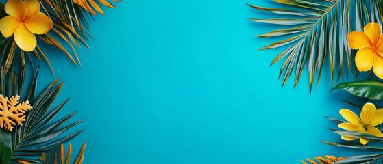 Naklejka premium Vibrant tropical flowers and leaves frame a bright blue background, perfect for summer themes.