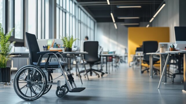 An evocative depiction of accessibility in the workplace with an office setup featuring ergonomic equipment and adaptive tools, symbolizing inclusivity for all abilities, minimalist composition