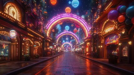 Obraz premium Festive night street scene with vibrant lights, balloons, and whimsical architecture.