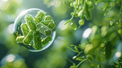 Green probiotics wrapped in a transparent ball, suspended in the air, laboratory background.
