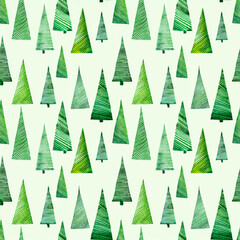 Obraz premium Christmas trees hand-painted with watercolors in shades of green - seamless abstract lined pattern background