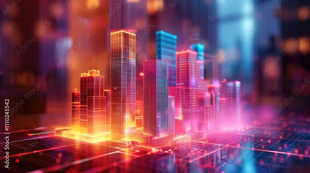 Aufkleber a holographic design studio featuring a glowing 3d model of a skyscraper with animated construction 