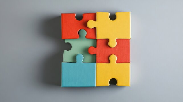 An evocative depiction of colorful, abstract puzzle pieces fitting together perfectly on a smooth, neutral background
