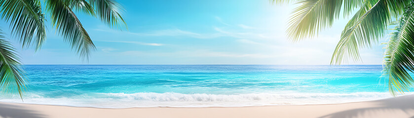 Fototapeta premium A serene beach view with clear waters and vibrant palm trees under a bright blue sky.