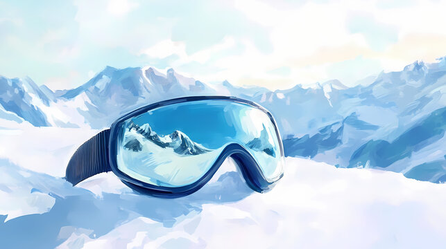 Snow goggles resting on a snowy surface with mountain reflection and blue sky in a winter landscape
