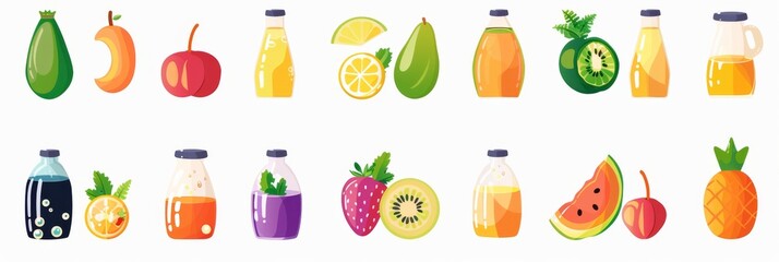 Fruit icons set, juice symbols, surreal design elements, fruit stickers, cherry, citrus logo designs