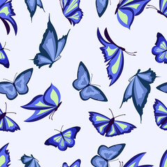 Fototapeta premium Seamless pattern with blue butterflies. Vector illustration. Natural Background for prints on fabrics, wallpaper and packaging