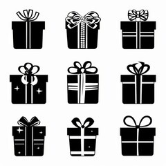 Gift box icon, giftbox silhouettes, congratulation present minimal logo, shopping symbol, parcel sign