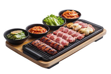 Korean BBQ setup with sizzling meats, dipping sauces, and side dishes like kimchi and pickled vegetables